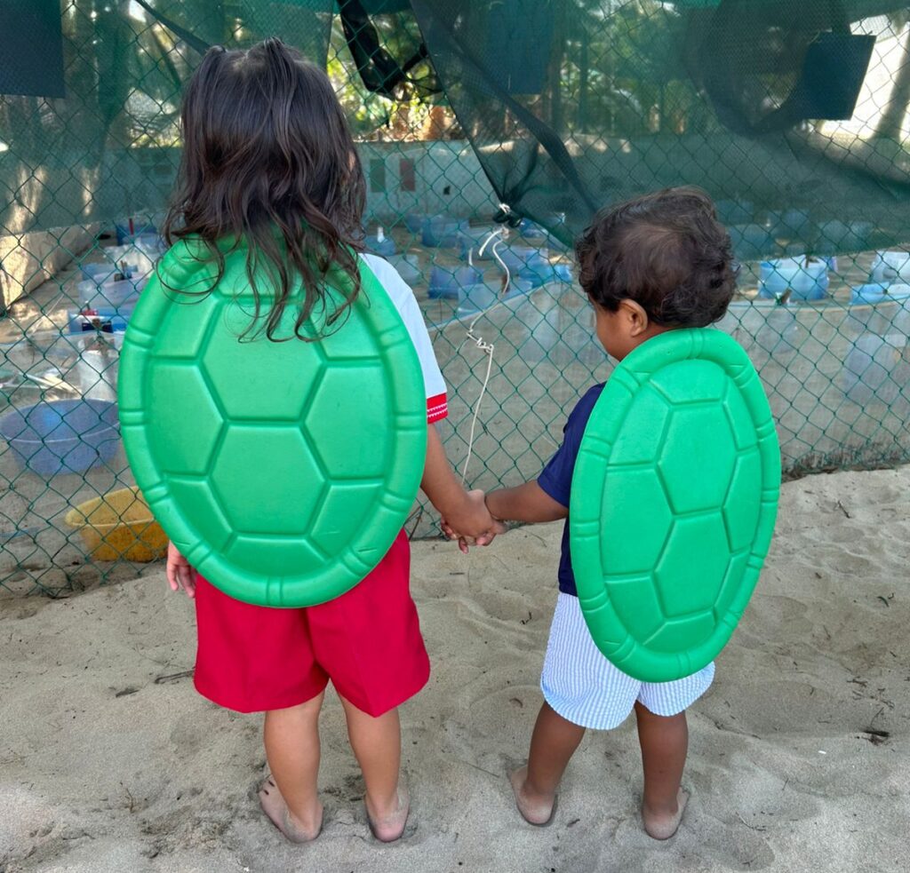 young children wearing sea turtle shell costumes looking at sea turtle hatchery